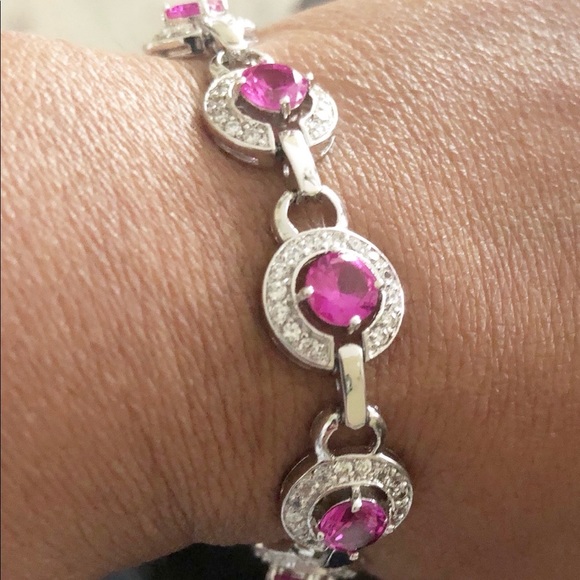 7" Ross Simons Sterling silver pink lab created  Rhodium Over 925 Bracelet. B6 - Picture 2 of 9